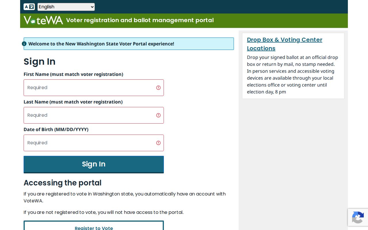 Everett voter registration fields on the VoteWA sign-in screen